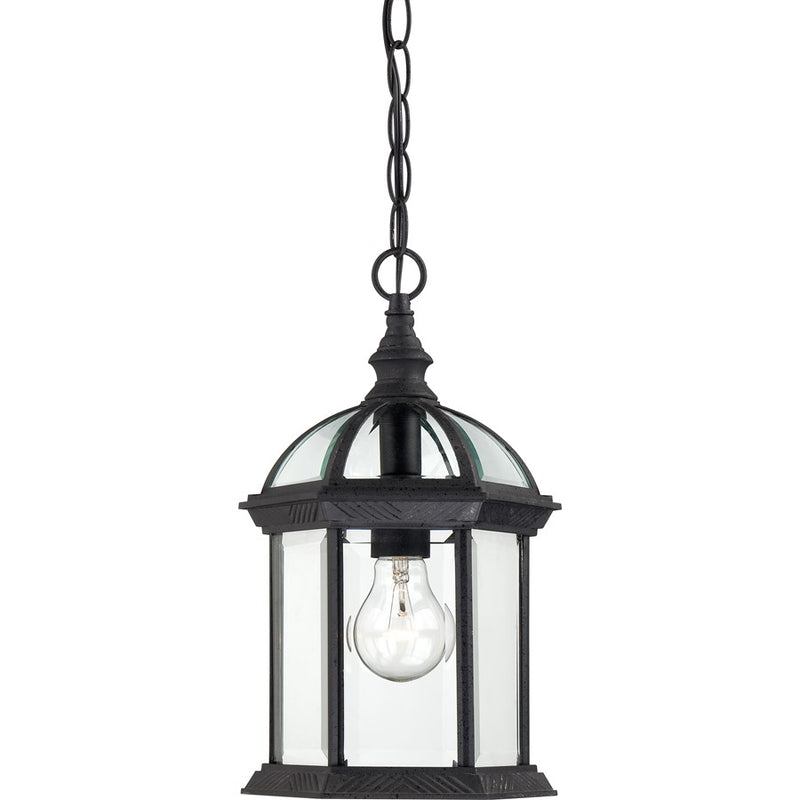 Nuvo Boxwood 14in 1-Light Outdoor Hanging Lantern | Traditional Textured Black and Clear Beveled Glass | Covered Patio & Entryway | 8 x 8 | Model 60-4979