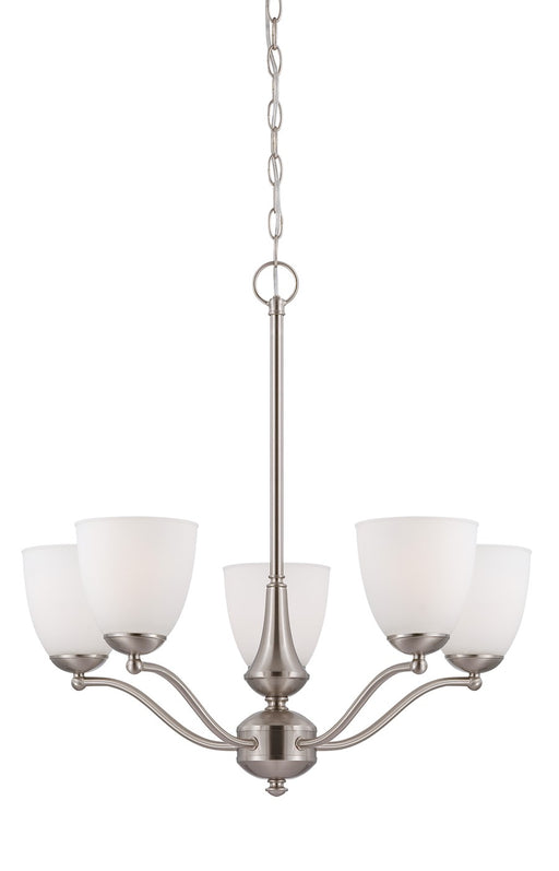 Nuvo Patton 25in 5-Light Chandelier | Transitional Brushed Nickel and Frosted Glass | Dining Room & Living Room | 25 x 25 in | Model 60-5035