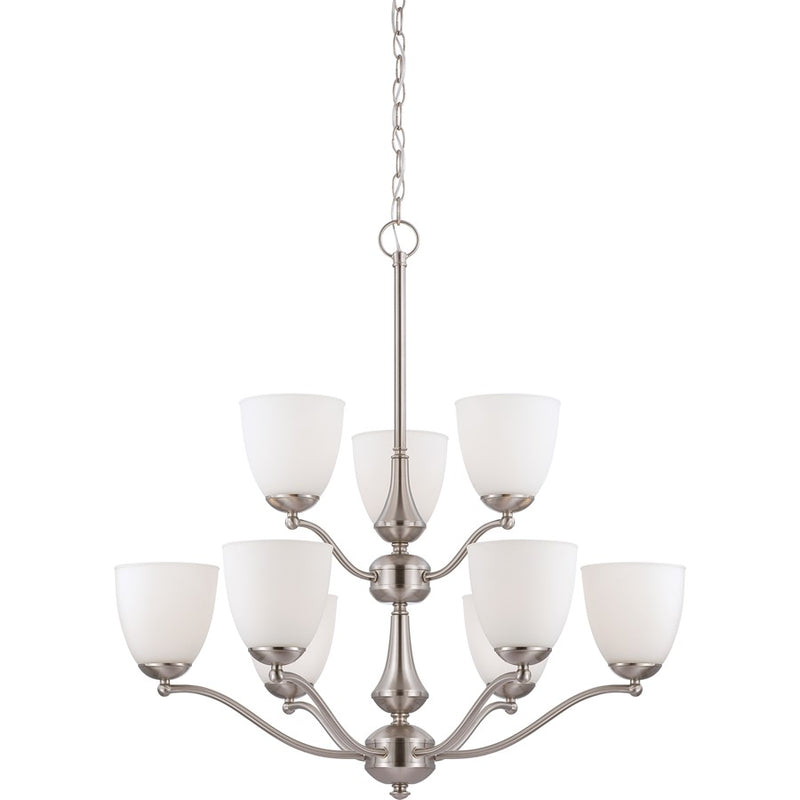 Nuvo Patton 30in 9-Light Chandelier | Transitional Brushed Nickel and Frosted Glass | Dining Room & Living Room | 30 x 30 x 31 in | Model 60-5039