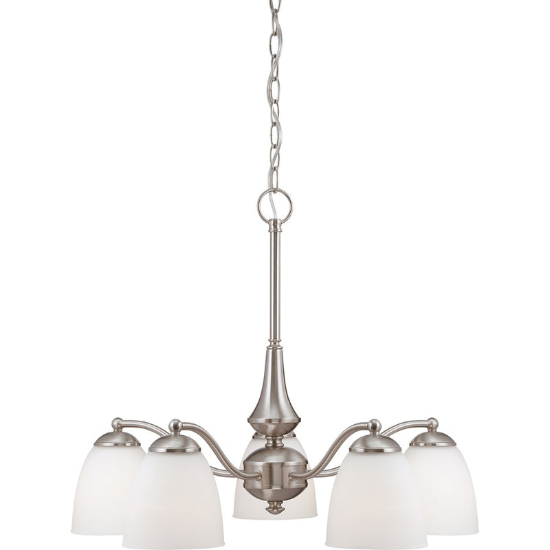 Nuvo Patton 25in 5-Light Chandelier | Transitional Brushed Nickel and Frosted Glass | Dining Room & Living Room | 25 x 25 x 20 in | Model 60-5043