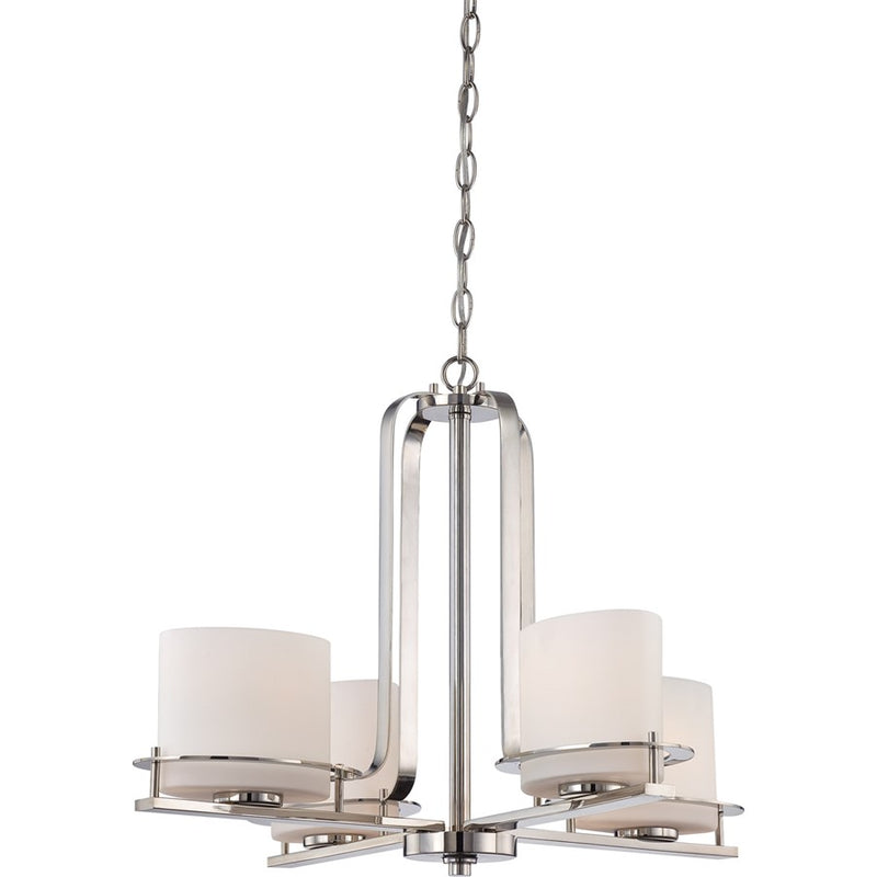 Nuvo Loren 26in 4-Light Chandelier | Contemporary Polished Nickel and Etched Opal Glass | Dining Room & Living Room | 26.25 x 18.75 in | Model 60-5104