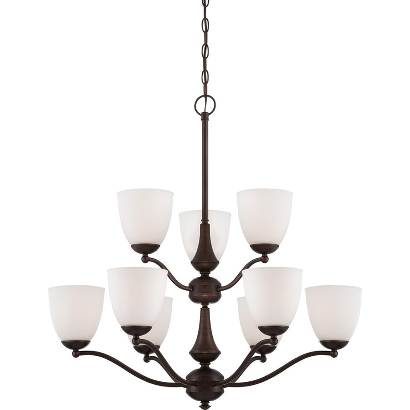 Nuvo Patton 30in 9-Light Chandelier | Transitional Prairie Bronze and Frosted Glass | Dining Room & Living Room | 30 x 30 x 31 in | Model 60-5139