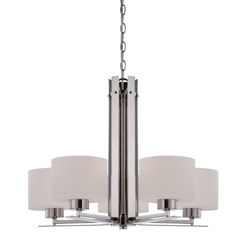 Nuvo Parallel 26in 5-Light Chandelier | Transitional Polished Nickel and Etched Opal Glass | Dining Room & Living Room | 26 x 26 x 20.25 in | Model 60-5205