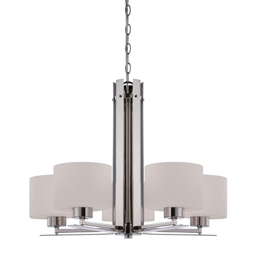 Nuvo Parallel 26in 5-Light Chandelier | Transitional Polished Nickel and Etched Opal Glass | Dining Room & Living Room | 26 x 26 x 20.25 in | Model 60-5205
