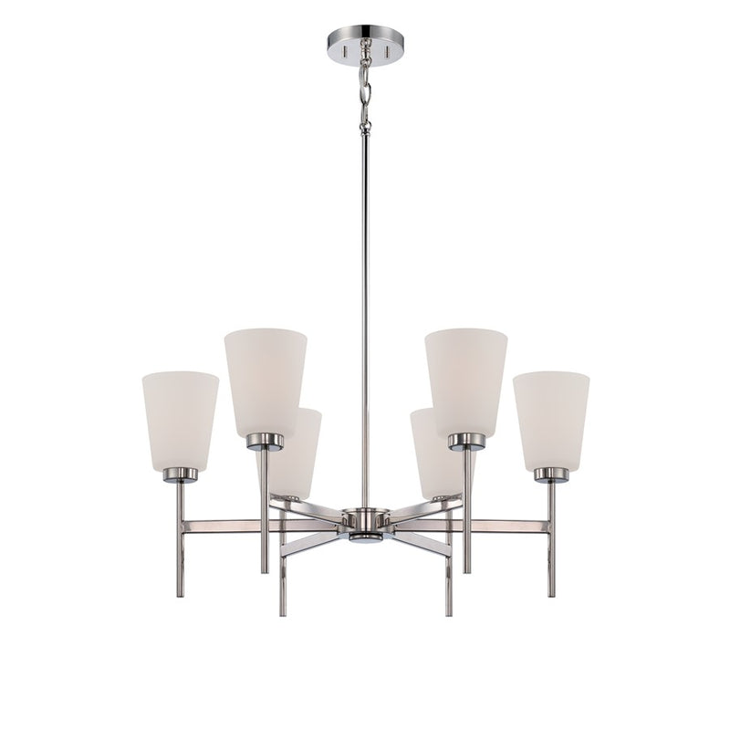 Nuvo Benson 27in 6-Light Chandelier | Transitional Polished Nickel and Satin White Glass | Dining Room & Living Room | 27.25 x 56.5 in | Model 60-5216