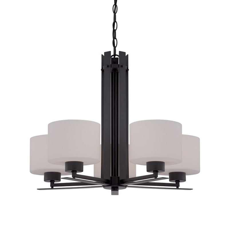 Nuvo Parallel 26in 5-Light Chandelier | Transitional Aged Bronze and Etched Opal Glass | Dining Room & Living Room | 26 x 26 x 20 in | Model 60-5305