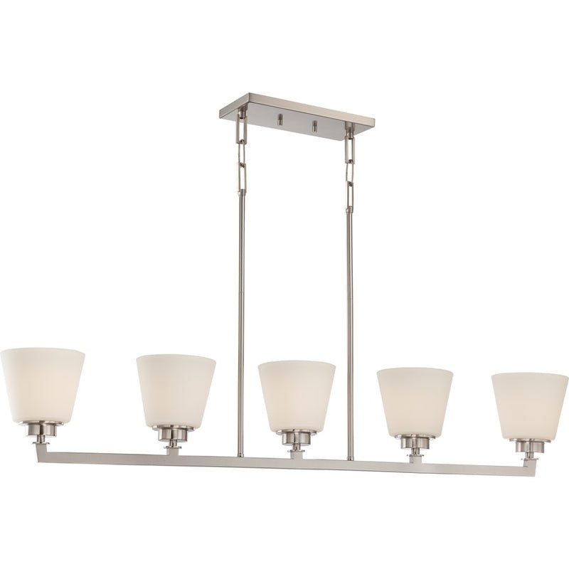 Nuvo Mobili 44in 5-Light Island Pendant | Transitional Brushed Nickel and Satin White Glass | Kitchen Island & Dining Room | 44 x 6 x 43 in | Model 60-5455