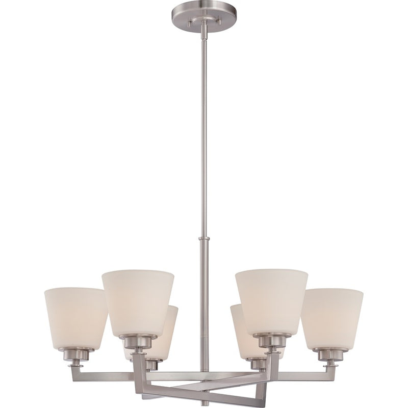 Nuvo Mobili 28in 6-Light Chandelier | Transitional Brushed Nickel and Satin White Glass | Dining Room & Living Room | 28 x 28 x 53 in | Model 60-5456