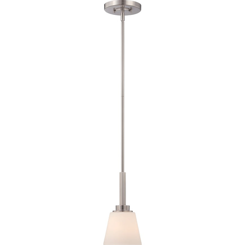 Nuvo Mobili 1-Light Mini Pendant | Transitional Brushed Nickel and Satin White Glass | Kitchen Island & Dining Room | 5.88 x 5.88 x 49.5 in | Model 60-5457