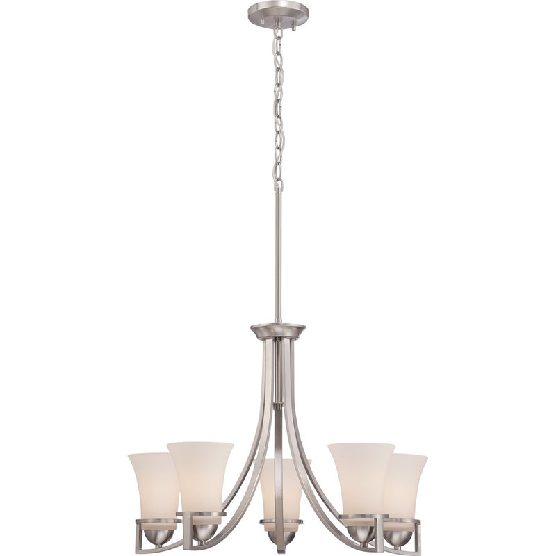 Nuvo Nevel 24in 5-Light Chandelier | Traditional Brushed Nickel and Satin White Glass | Dining Room & Living Room | 24 x 24 x 29.38 in | Model 60-5485