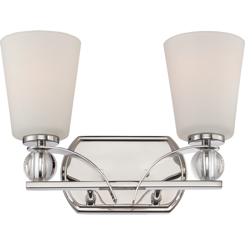 Nuvo Connie 14in 2-Light Vanity Light | Traditional Polished Nickel and Satin White Glass | Bathroom Vanity & Powder Room | 14.38 x 6.88 x | Model 60-5492