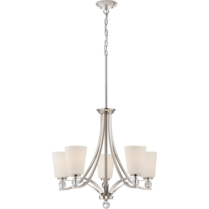 Nuvo Connie 26in 5-Light Chandelier | Traditional Polished Nickel and Satin White Glass | Dining Room & Living Room | 26 x 26 x 34.62 in | Model 60-5495