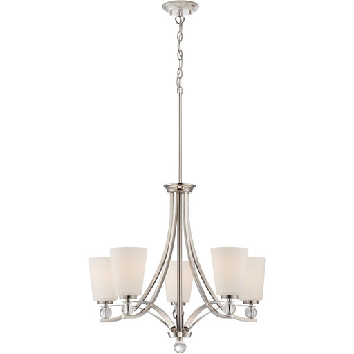 Nuvo Connie 26in 5-Light Chandelier | Traditional Polished Nickel and Satin White Glass | Dining Room & Living Room | 26 x 26 x 34.62 in | Model 60-5495