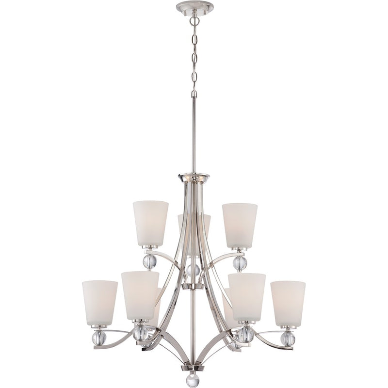 Nuvo Connie 30in 9-Light Chandelier | Traditional Polished Nickel and Satin White Glass | Dining Room & Living Room | 30 x 30 x 40.88 in | Model 60-5499