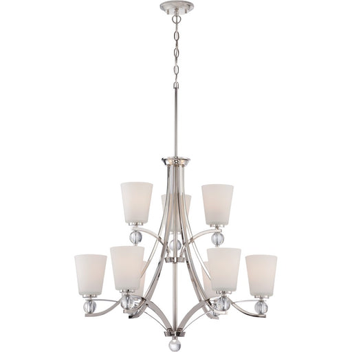 Nuvo Connie 30in 9-Light Chandelier | Traditional Polished Nickel and Satin White Glass | Dining Room & Living Room | 30 x 30 x 40.88 in | Model 60-5499