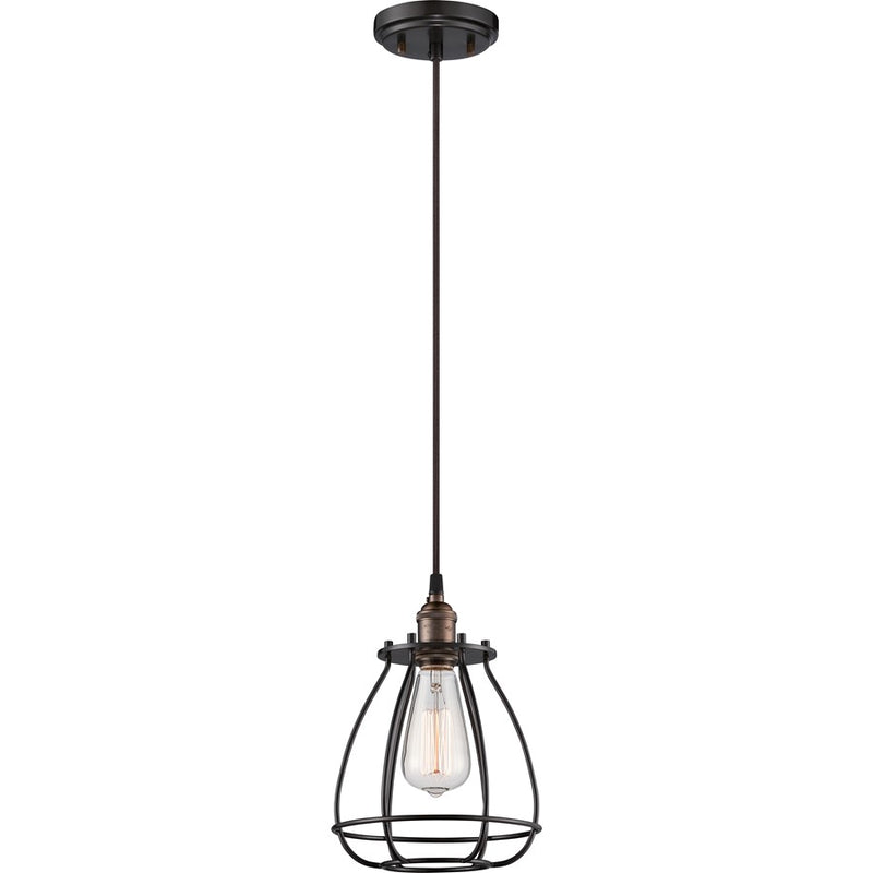 Nuvo Vintage 7.38in 1-Light Caged Pendant | Transitional Rustic Bronze Metal | Kitchen Island & Dining Room | 7.38 x 7.38 x 10.75 in | Model 60-5501