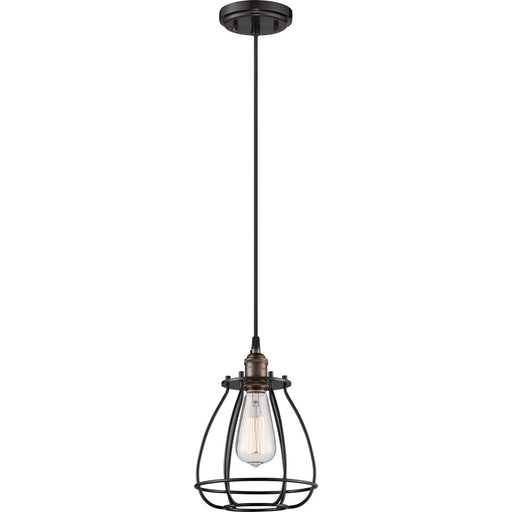 Nuvo Vintage 7.38in 1-Light Caged Pendant | Transitional Rustic Bronze Metal | Kitchen Island & Dining Room | 7.38 x 7.38 x 10.75 in | Model 60-5501