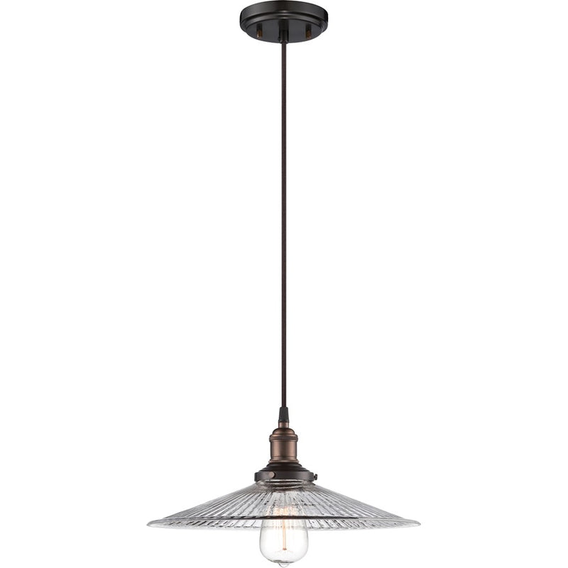 Nuvo Vintage 14in 1-Light Pendant | Transitional Rustic Bronze and Clear Ribbed Glass | Kitchen Island & Dining Room | 14 x 14 x 6 in | Model 60-5516