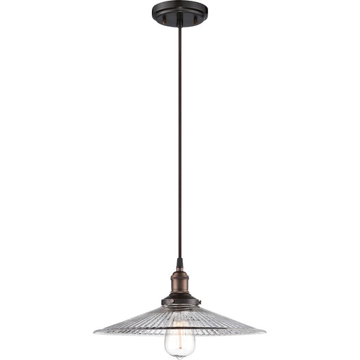 Nuvo Vintage 14in 1-Light Pendant | Transitional Rustic Bronze and Clear Ribbed Glass | Kitchen Island & Dining Room | 14 x 14 x 6 in | Model 60-5516
