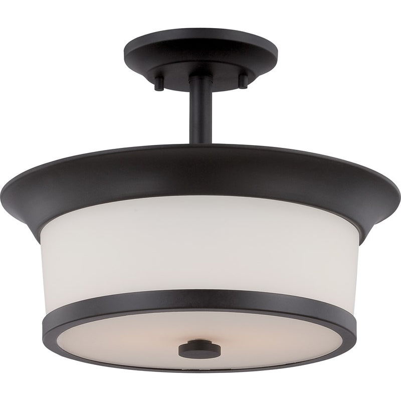 Nuvo Mobili 13in 2-Light Semi-Flush Mount | Transitional Aged Bronze and Satin White Glass | Hallway & Bedroom Ceiling Light | 13.12 x | Model 60-5550