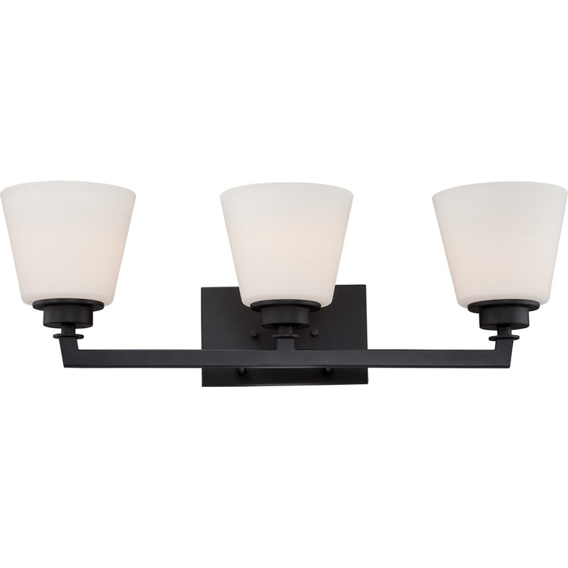Nuvo Mobili 25in 3-Light Vanity Light | Transitional Aged Bronze and Satin White Glass | Bathroom Vanity | 25 x 7.88 x 6.88 in | Model 60-5553