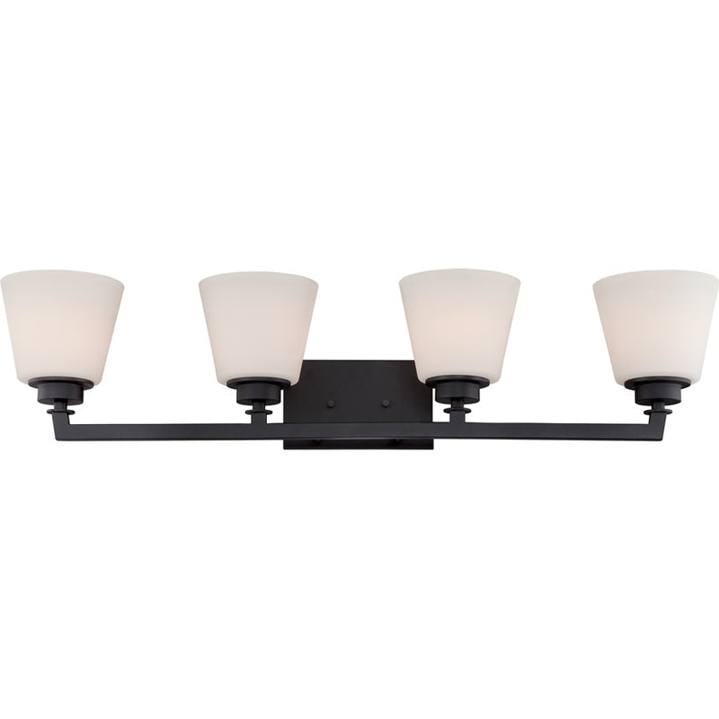 Nuvo Mobili 34in 4-Light Vanity Light | Transitional Aged Bronze and Satin White Glass | Bathroom Vanity | 34.62 x 7.88 x 6.88 in | Model 60-5554