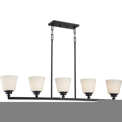 Nuvo Mobili 44in 5-Light Island Pendant | Transitional Aged Bronze and Satin White Glass | Kitchen Island & Dining Room | 44 x 6 x 43 in | Model 60-5555