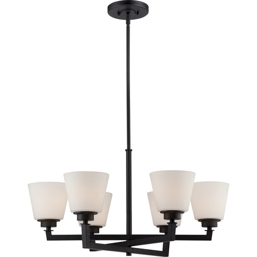 Nuvo Mobili 28in 6-Light Chandelier | Transitional Aged Bronze and Satin White Glass | Dining Room & Living Room | 28 x 28 x 53 in | Model 60-5556