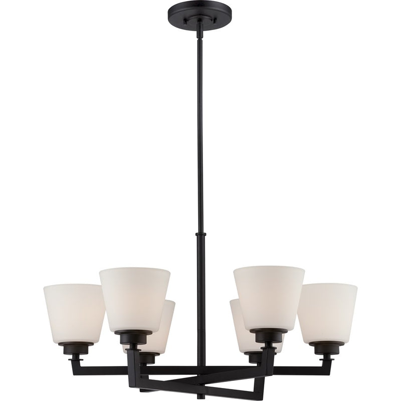 Nuvo Mobili 28in 6-Light Chandelier | Transitional Aged Bronze and Satin White Glass | Dining Room & Living Room | 28 x 28 x 53 in | Model 60-5556