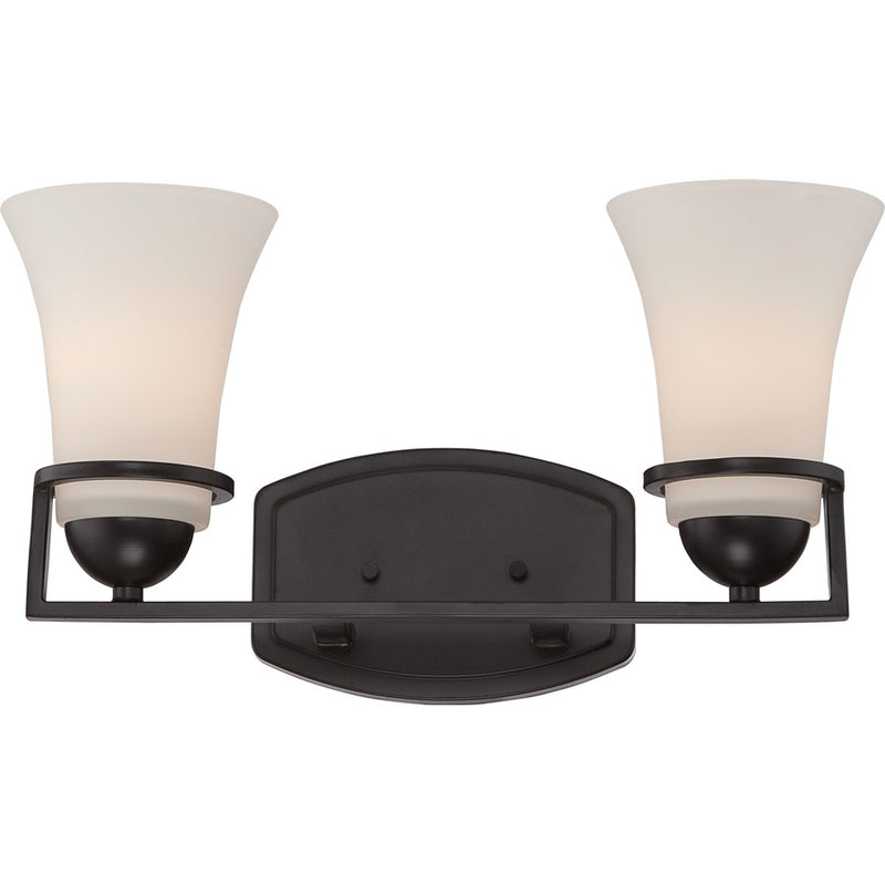 Nuvo Nevel 15in 2-Light Vanity Light | Transitional Sudbury Bronze and Satin White Glass | Bathroom Vanity & Powder Room | 15 x 6.5 x 8.62 | Model 60-5582
