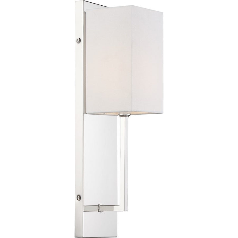 Nuvo Lighting Vesey 1-Light Wall Sconce | Transitional Polished Nickel and White Linen Shade | Bedroom & Hallway Accent Light | 5 x 4 x 18 | Model 60-6693