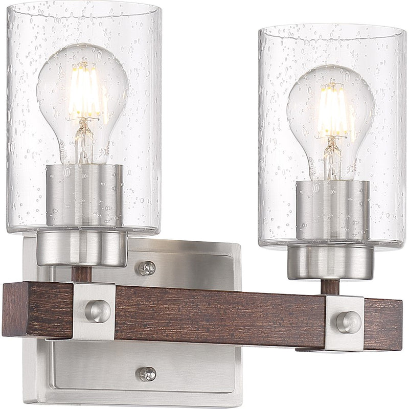 Nuvo Lighting Arabel 28in 4-Light Vanity Light | Transitional Brushed Nickel and Nutmeg Wood Clear Seeded Glass | Bathroom Vanity | 28.25 | Model 60-6964