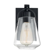 Nuvo Lighting Skybridge 1-Light Wall Sconce | Industrial Matte Black and Clear Glass | Hallway & Bathroom Accent | 5 x 8.38 in | Model 60-7101