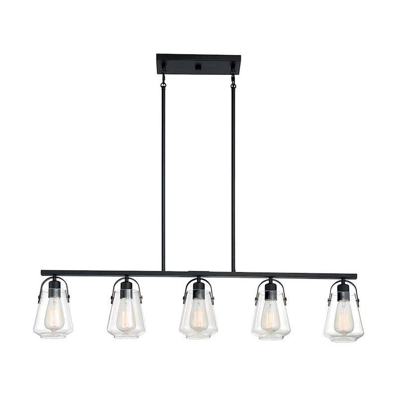 Nuvo Skybridge 42in 5-Light Island Pendant | Industrial Matte Black and Clear Glass | Kitchen Island & Dining Room | 42 x 5 x 9 in | Model 60-7104