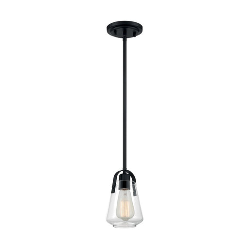 Nuvo Lighting Skybridge 5in 1-Light Mini Pendant | Industrial Matte Black and Clear Glass | Kitchen Island & Dining Room | 5 x 8 in | Model 60-7106