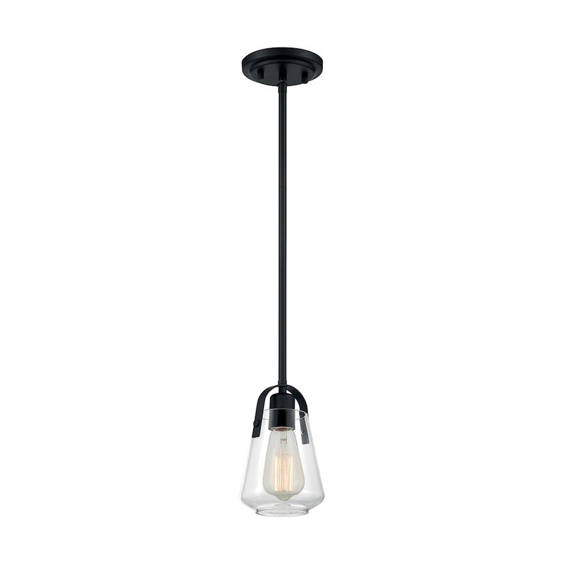 Nuvo Lighting Skybridge 5in 1-Light Mini Pendant | Industrial Matte Black and Clear Glass | Kitchen Island & Dining Room | 5 x 8 in | Model 60-7106