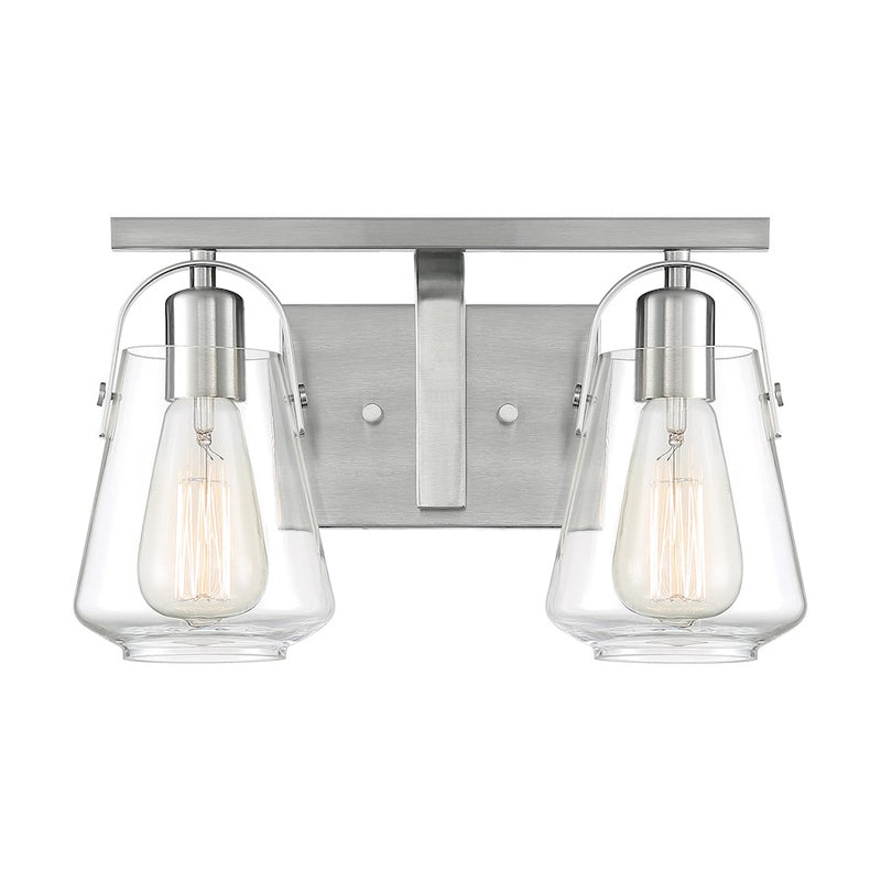 Nuvo Skybridge 14in 2-Light Vanity | Industrial Brushed Nickel and Clear Glass | Bathroom Vanity | 14.13 x 8.63 in | Model 60-7112