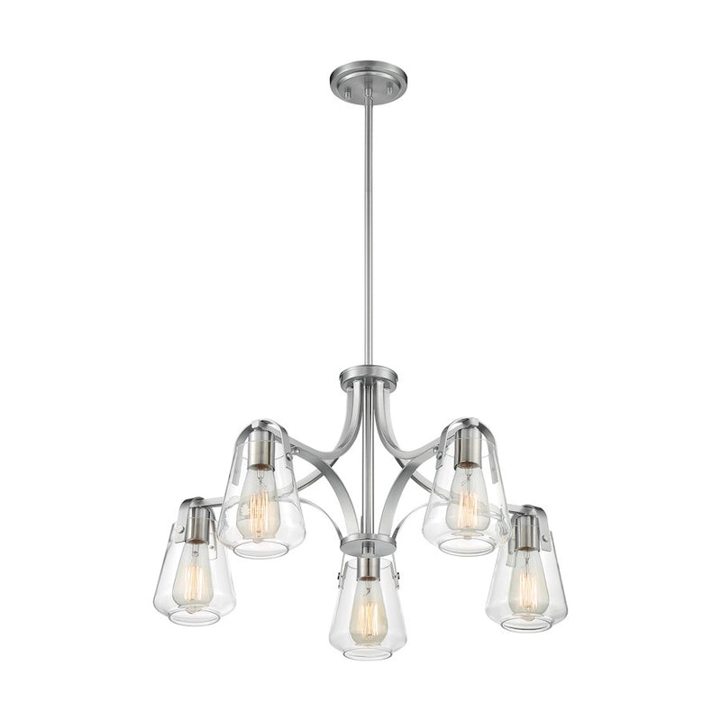 Nuvo Lighting Skybridge 27in 5-Light Chandelier | Industrial Brushed Nickel and Clear Glass | Dining Room & Living Room | 27 x 27 x 15 in | Model 60-7115