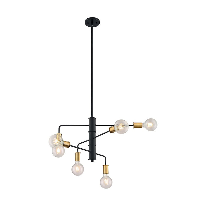 Nuvo Lighting Ryder 25in 6-Light Chandelier | Industrial Black and Brushed Brass | Kitchen Island & Dining Room | 25.25 x 25.25 x 15 in | Model 60-7344