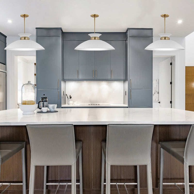 Nuvo Lighting Perkins 20in 1-Light Medium Pendant | Retro Modern Matte White and Polished Nickel Metal | Kitchen Island & Dining Room | Model 60-7464