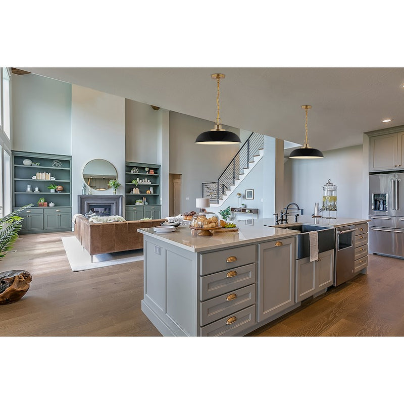 Nuvo Lighting Colony 15in 1-Light Small Pendant | Mid-Century Matte Black and Burnished Brass Metal | Kitchen Island & Dining Room | 15 x | Model 60-7481