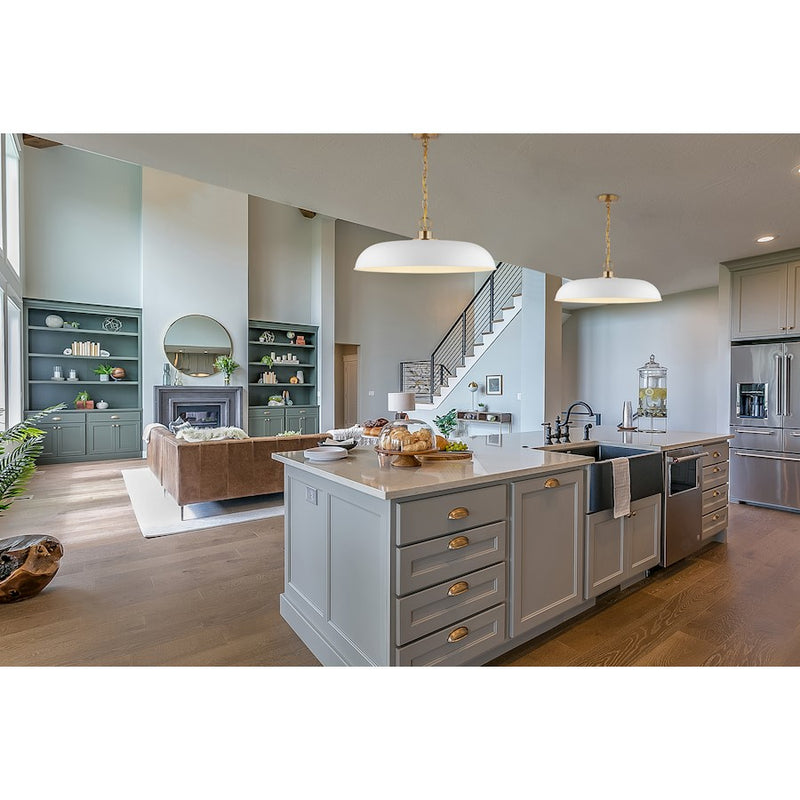 Nuvo Lighting Colony 24in 1-Light Large Pendant | Mid-Century Modern Matte White and Burnished Brass | Kitchen Island & Dining Room | 24 x | Model 60-7486