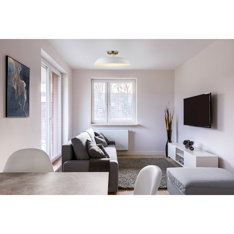 Nuvo Lighting Colony 20in 1-Light Flush Mount | Mid-Century Matte White and Burnished Brass | Entryway & Hallway | 20 x 20 x 7 in | Model 60-7493