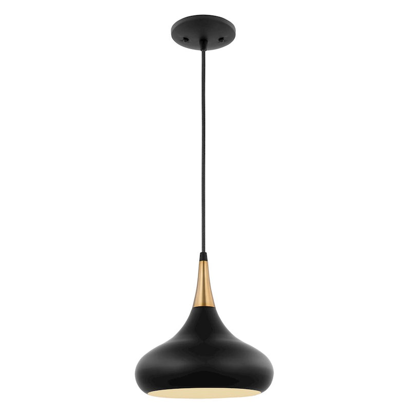 Nuvo Lighting Phoenix 10in 1-Light Small Pendant | Mid-Century Modern Matte Black and Burnished Brass with White Interior | Kitchen Island | Model 60-7511