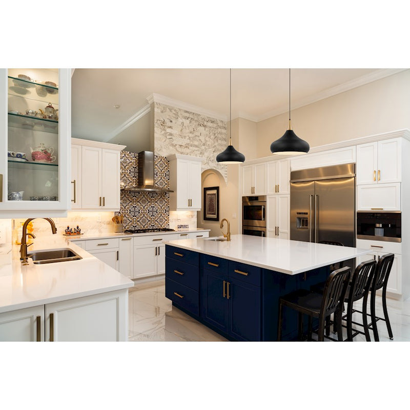 Nuvo Lighting Phoenix 14in 1-Light Medium Pendant | Mid-Century Modern Matte Black and Burnished Brass with White Interior | Kitchen | Model 60-7514