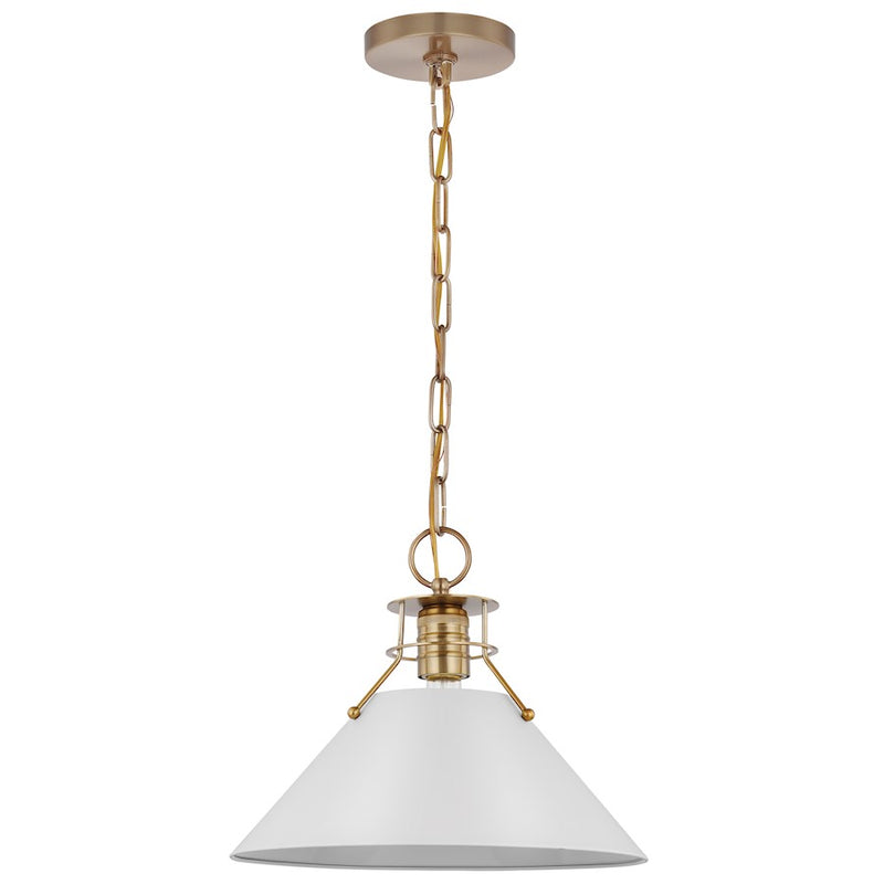 Nuvo Lighting Outpost 13in 1-Light Medium Pendant | Mid-Century Matte White and Burnished Brass | Kitchen Island & Dining Room | 13 x 13 x | Model 60-7524