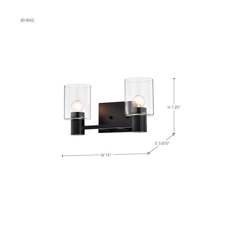 Nuvo Clarksville 14in 2-Light Vanity Light | Transitional Matte Black Steel and Clear Glass | Bathroom Vanity | 5.88 x 14 x 7.25 in | Model 60-8062