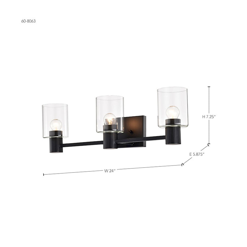 Nuvo Lighting Clarksville 24in 3-Light Vanity Light | Transitional Matte Black Steel and Clear Glass | Bathroom Vanity | 5 x 24 x 7 in | Model 60-8063