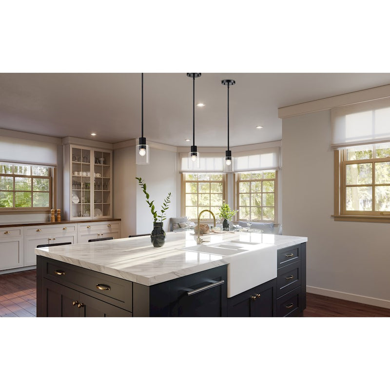 Nuvo Clarksville 5in 1-Light Mini Pendant | Transitional Matte Black Steel and Clear Glass | Kitchen Island & Dining Room | 4 x 4 x 44 in | Model 60-8064