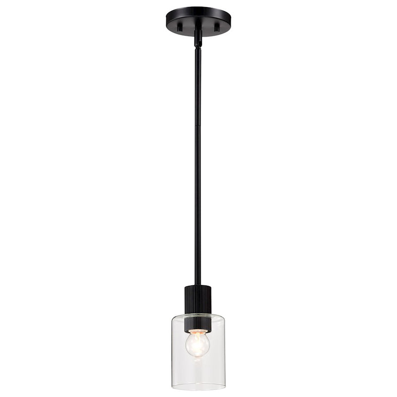 Nuvo Clarksville 5in 1-Light Mini Pendant | Transitional Matte Black Steel and Clear Glass | Kitchen Island & Dining Room | 4 x 4 x 44 in | Model 60-8064